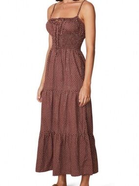 Faithfull Polka Dot Brown and White Smocked Midi Dress